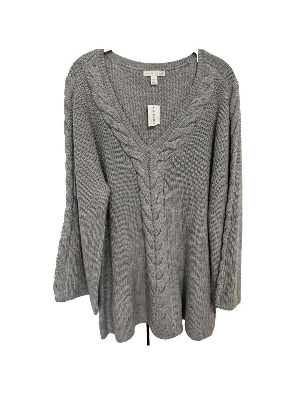 NEW Dressbarn Silver Shimmer V Neck Thick Cable Knit Sweater Plus Size 3X